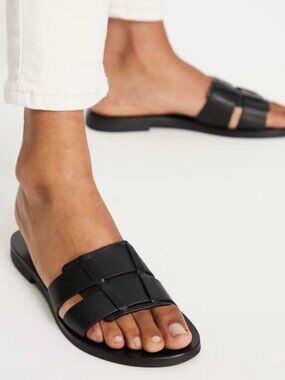 & Other Stories Black Leather Braided Flat Sandals